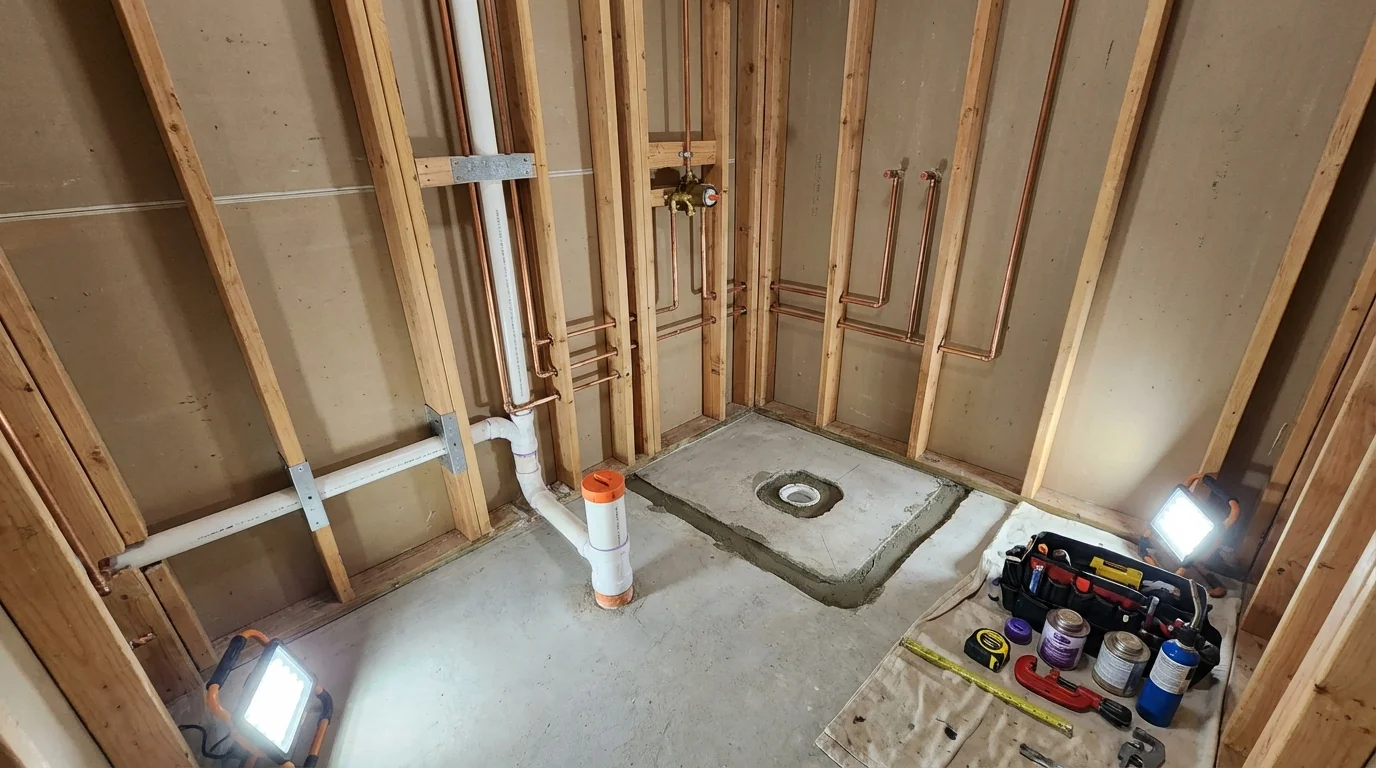 Bathroom rough-in plumbing during remodel by Johns Plumbing LLC in Hickman