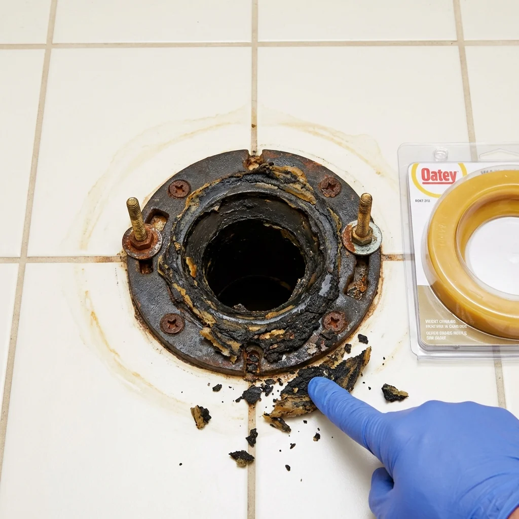 Failed wax ring showing water seepage at the base of a toilet in a Hickman, NE home
